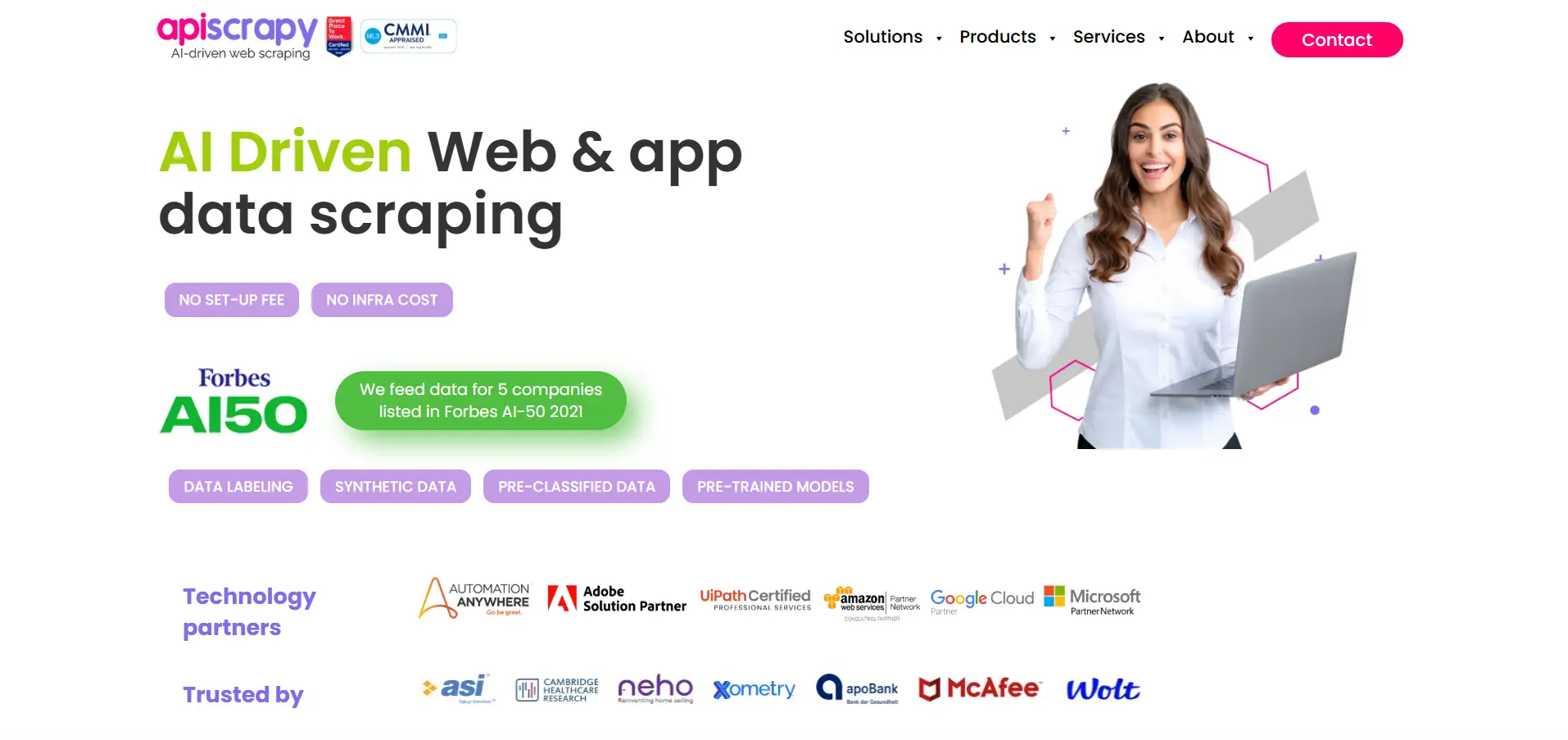 Apiscrapy Ai Scraping Platform Apiscrapy Homepage Promoting Ai-Driven Web And App Data Scraping With A Woman Holding A Laptop.
