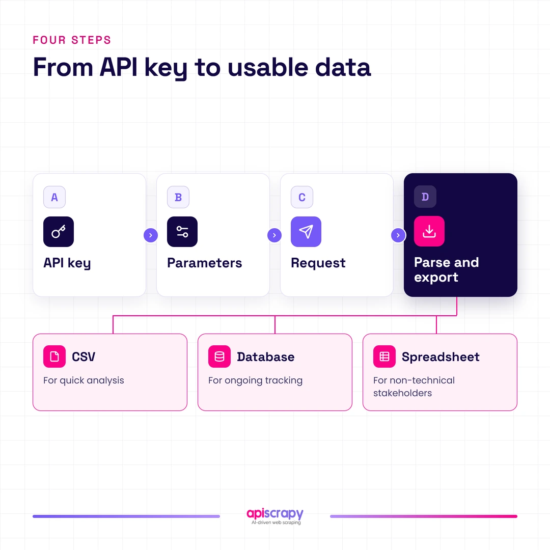 Diagram Mapping Four Steps From Api Key Setup To Exporting Usable Data.