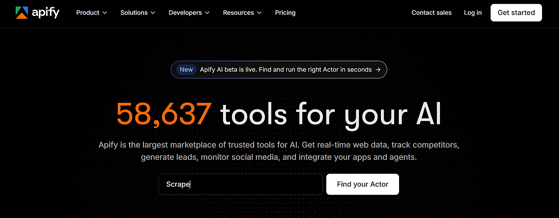Apify Actor Marketplace Apify Dark Landing Page Promoting A Marketplace Of 58,637 Ai Tools And A New Apify Ai Beta.