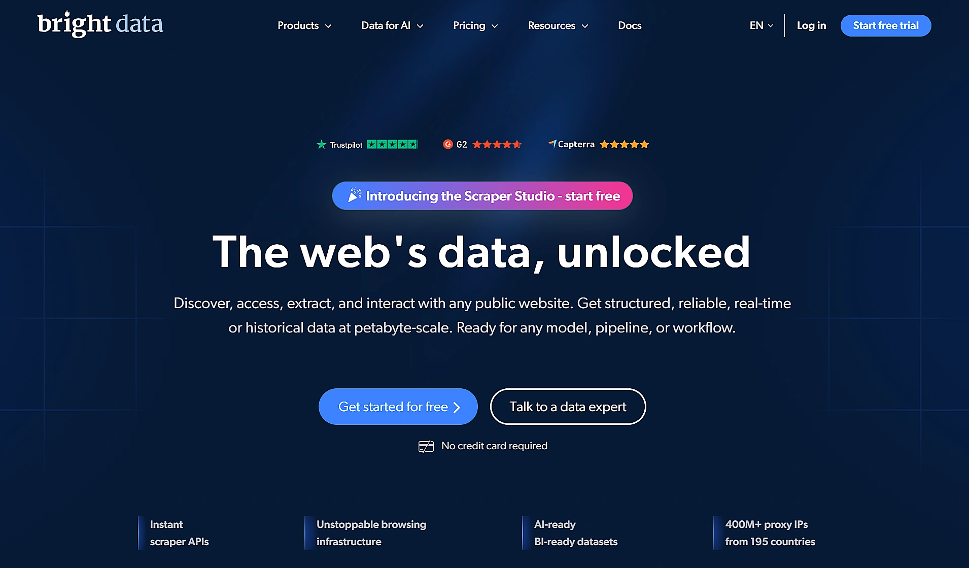 Bright Data Scraper Apis Bright Data Dark Blue Landing Page Offering Scraper Apis, 400M+ Proxy Ips, And A Scraper Studio Launch.