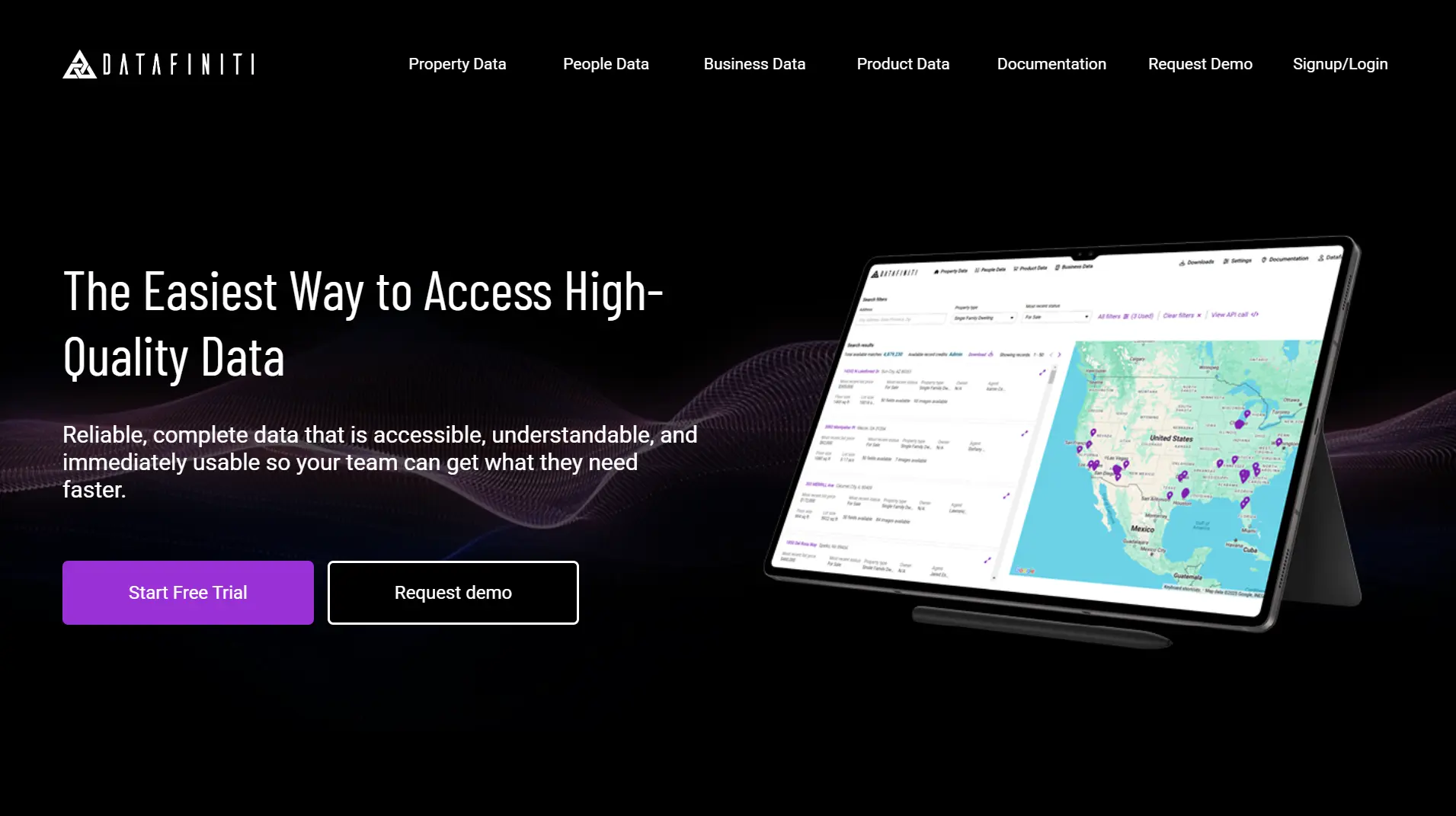 Datafiniti Property And Business Data Datafiniti Homepage Headline &Quot;The Easiest Way To Access High-Quality Data&Quot; With A Tablet Showing A Property Map.