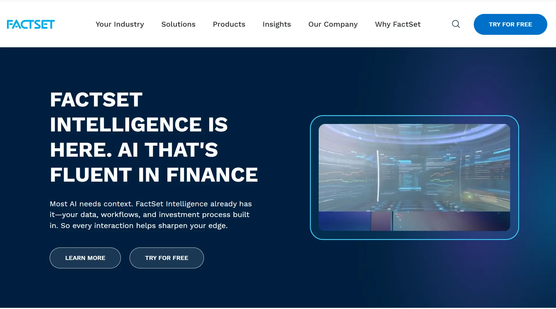 Factset Financial Data And Ai Factset Homepage Headline About Factset Intelligence, Ai Fluent In Finance, With Try For Free Button.
