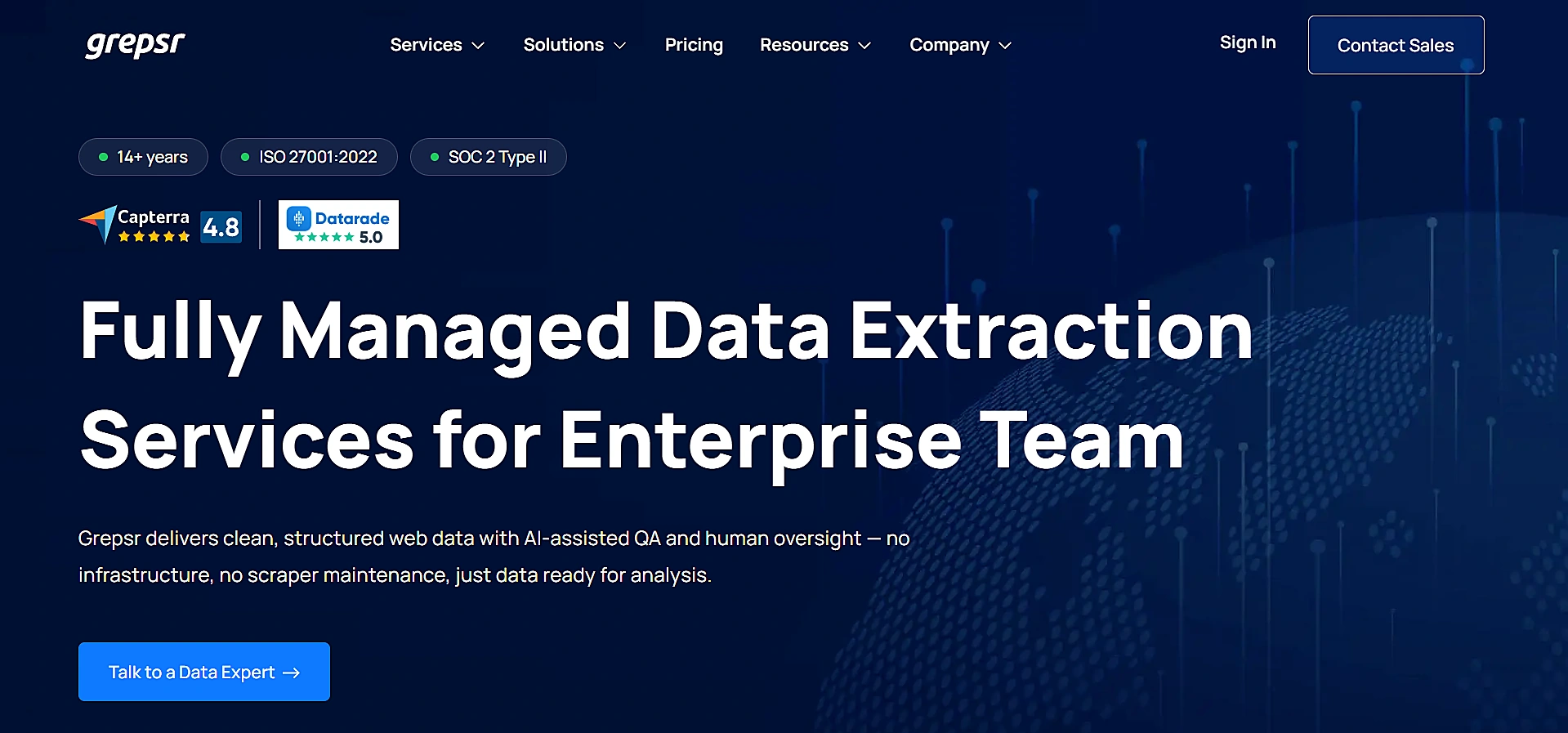 Grepsr Homepage Headline About Fully Managed Data Extraction For Enterprise Teams, With Iso And Soc 2 Badges.