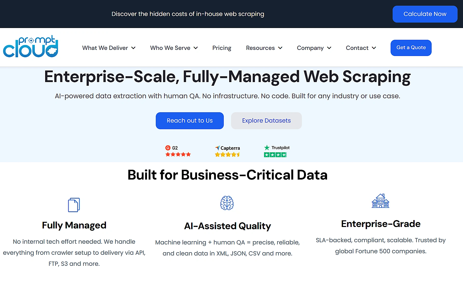 Promptcloud Homepage Headline &Quot;Enterprise-Scale, Fully-Managed Web Scraping&Quot; With Reach Out And Datasets Buttons.