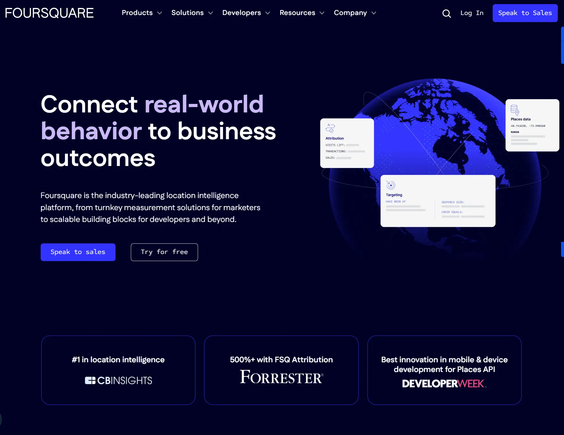 Foursquare Location Intelligence Foursquare Homepage Headline &Quot;Connect Real-World Behavior To Business Outcomes&Quot; With A Globe And Data Cards.