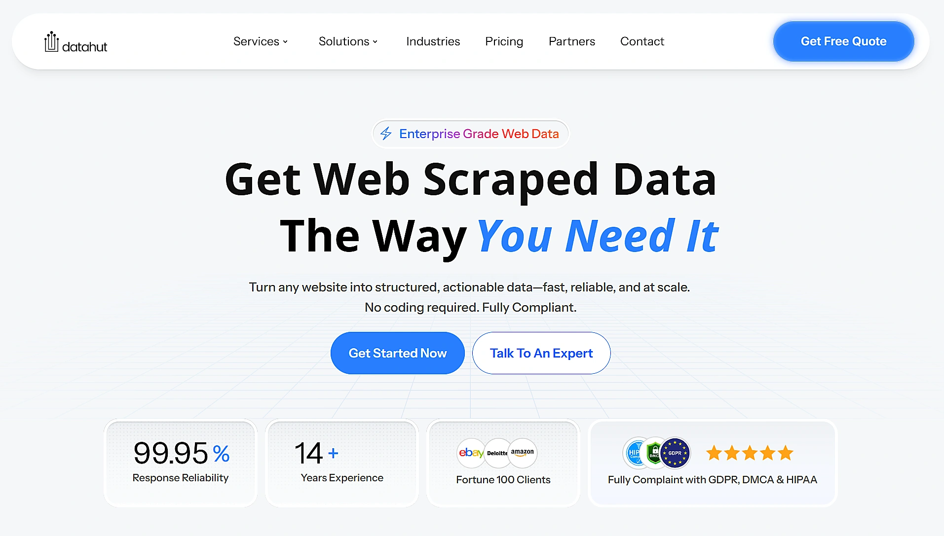 Datahut Homepage Headline &Quot;Get Web Scraped Data The Way You Need It&Quot; With 99.95% Response Reliability.