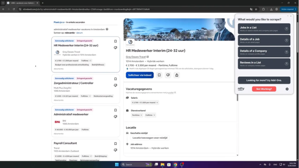 Indeed Job Results With The Scraper Menu Listing Four Scraping Options.