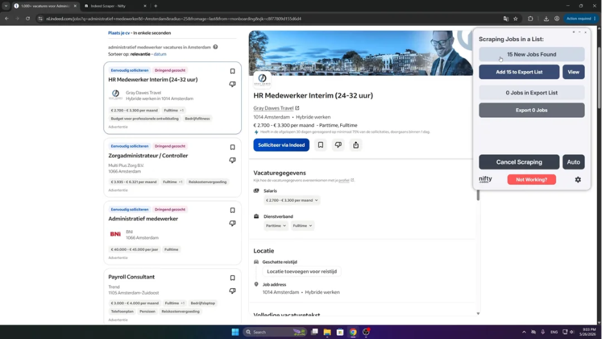 Indeed Scraper Panel Showing 15 New Jobs Found, With Buttons To Add Them To The Export List