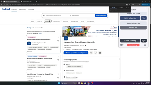 Indeed Scraper Panel Showing 30 New Jobs Found Across Pages, With The Auto Button