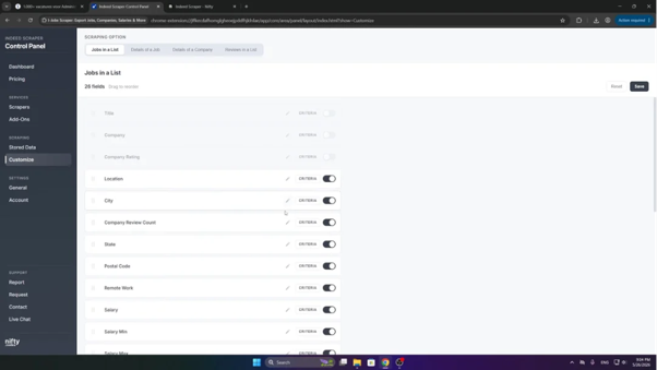 Indeed Scraper Control Panel With Toggles To Choose Which Job Fields To Export.