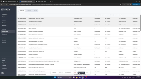 Stored Data List With Three Jobs Selected And The Move To Export Button Highlighted.