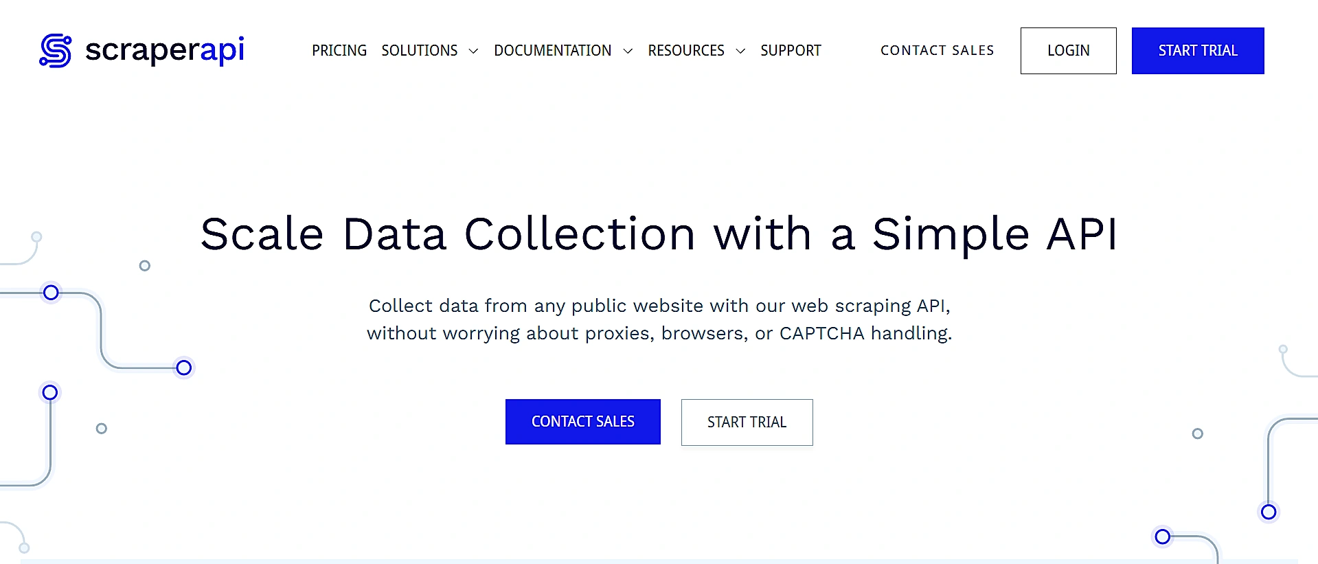 Scraperapi Headline &Quot;Scale Data Collection With A Simple Api&Quot; With Contact Sales And Trial Buttons.