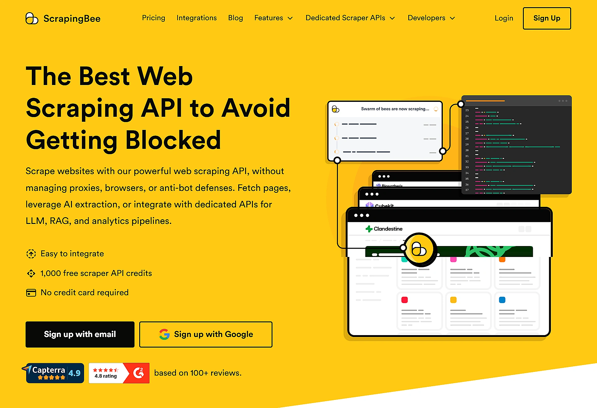 Scrapingbee Scraping Api Scrapingbee Landing Page With 1,000 Free Api Credits, Capterra 4.9 And G2 4.8 Ratings.