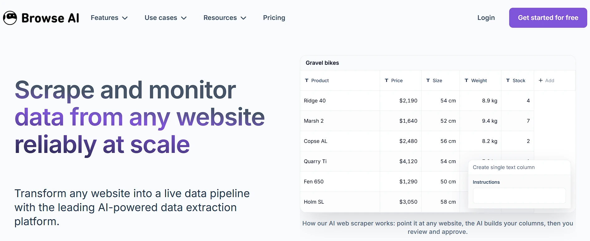 Browse Ai Hero On Monitoring Website Data At Scale, With A Gravel Bike Table And Ai Column Builder.