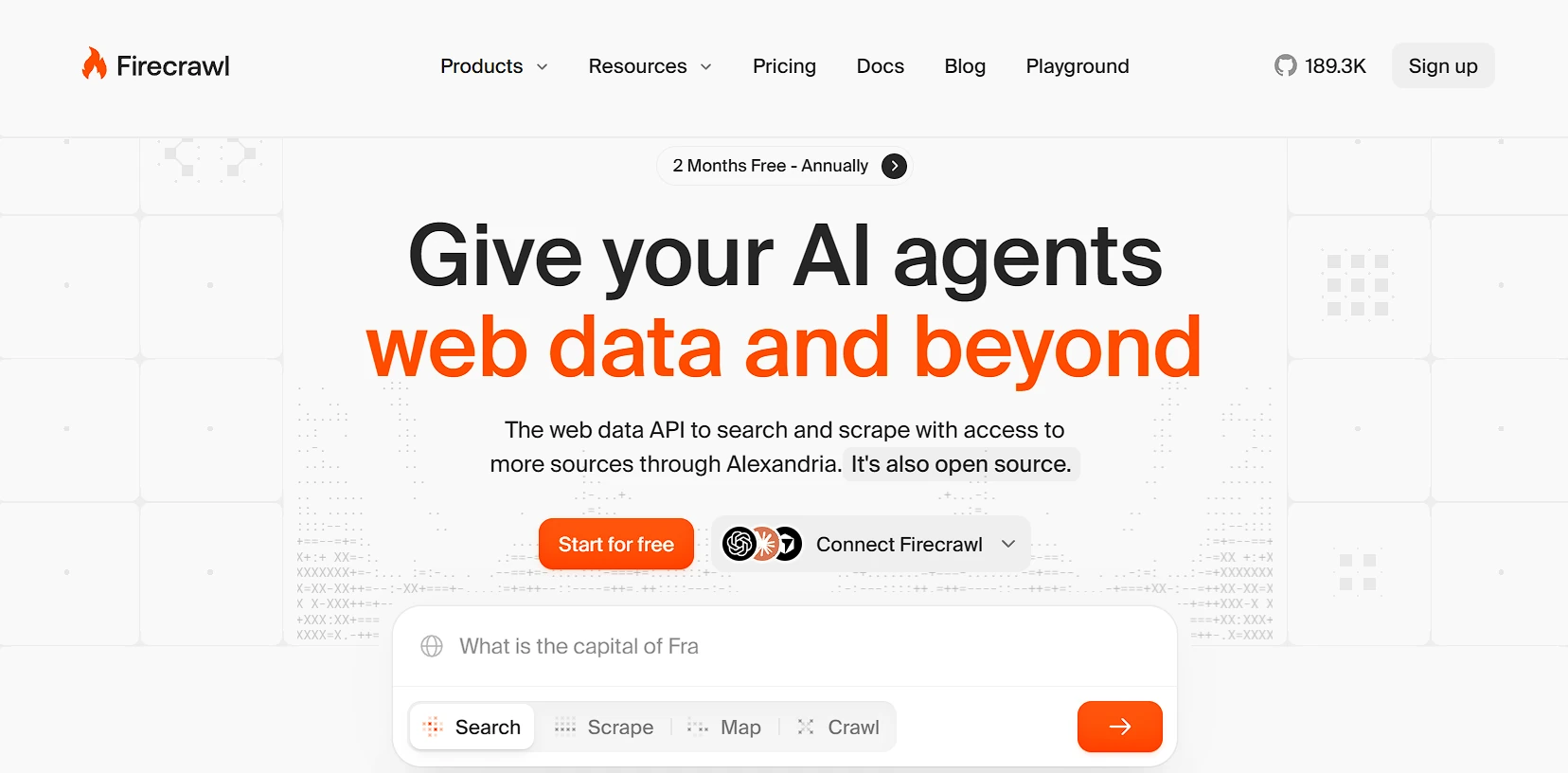 Firecrawl Hero Offering A Web Data Api For Ai Agents, With Search, Scrape, Map, And Crawl Modes.