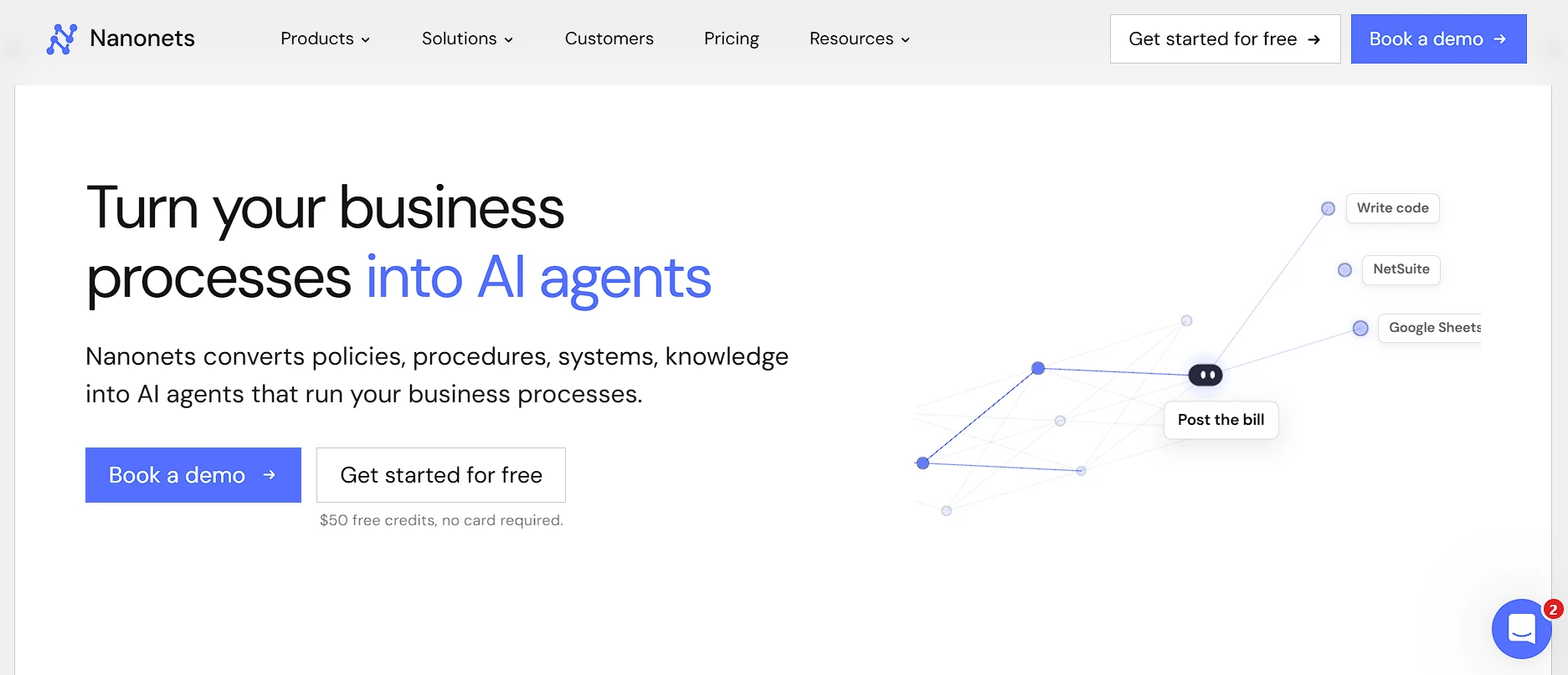 Nanonets Hero Turning Business Processes Into Ai Agents, With Book A Demo And $50 Free Credits.