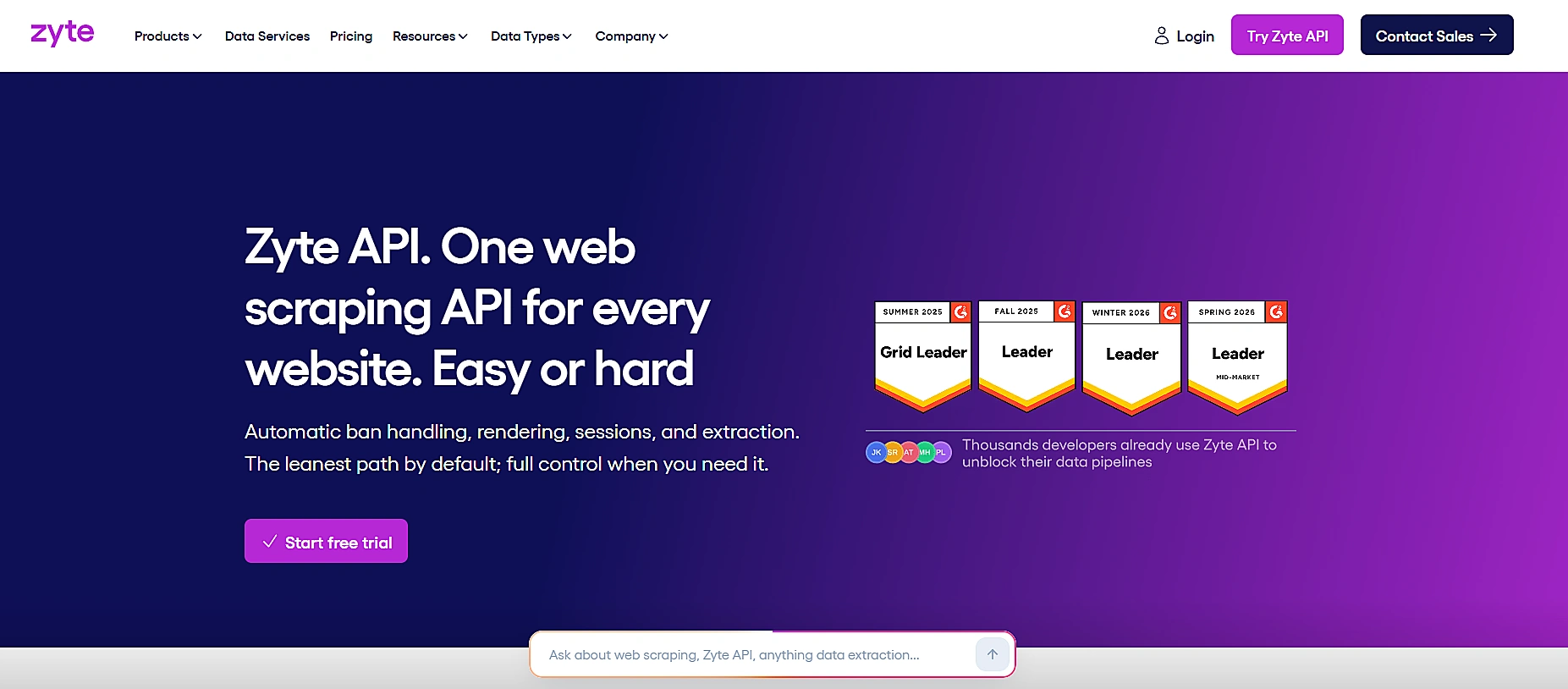 Zyte Api Homepage With The Headline About One Web Scraping Api For Every Website And G2 Leader Badges.