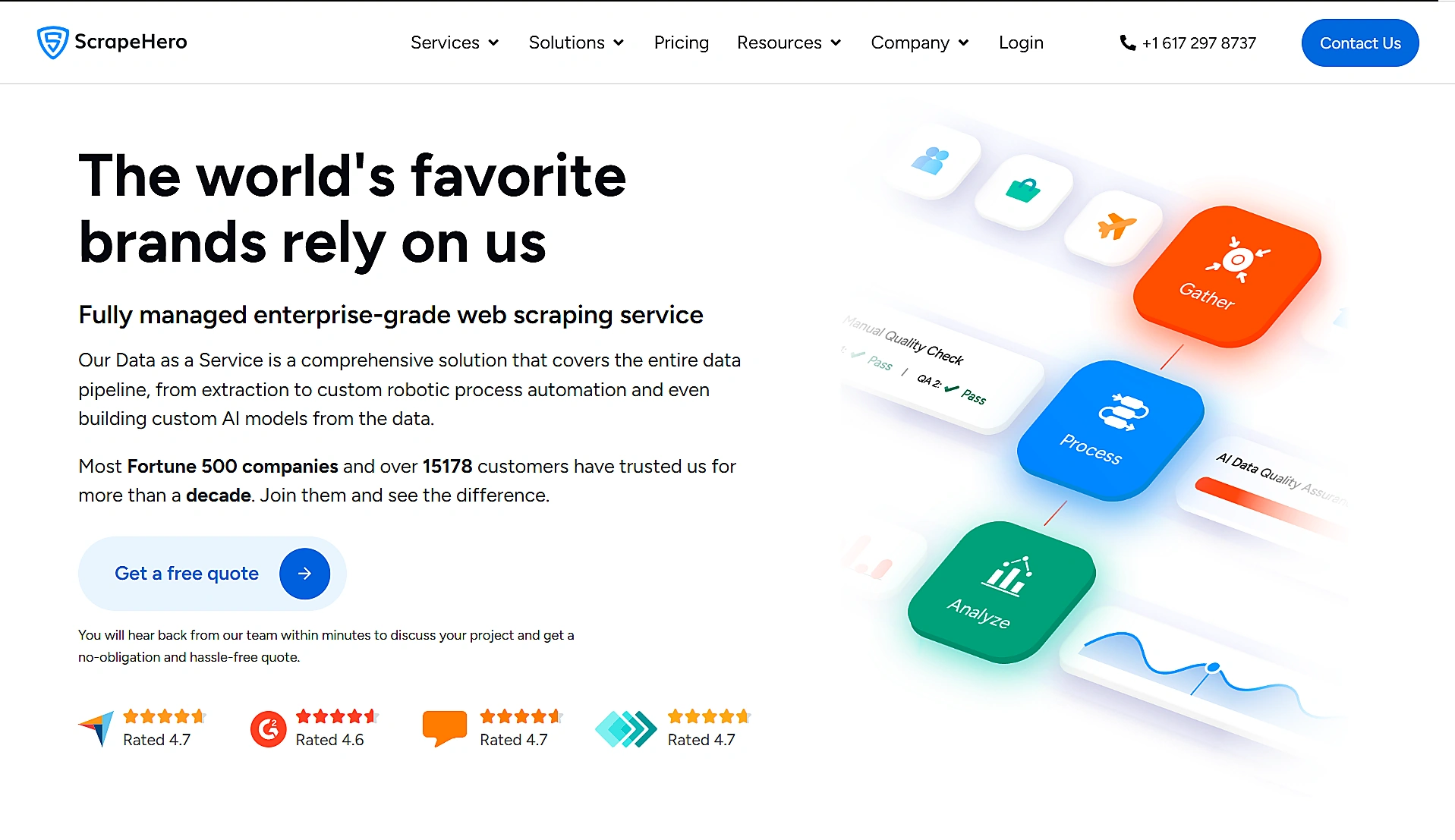 Scrapehero Homepage Headline &Quot;The World's Favorite Brands Rely On Us&Quot; With A Free Quote Button.