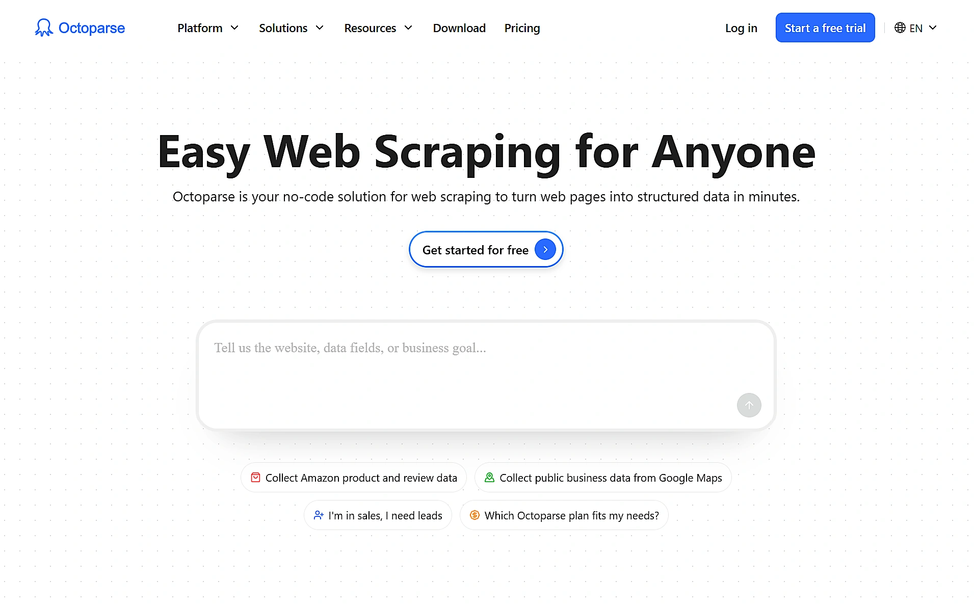 Octoparse Hero With A No-Code Scraping Prompt Box And Amazon, Google Maps, And Sales Lead Shortcuts.