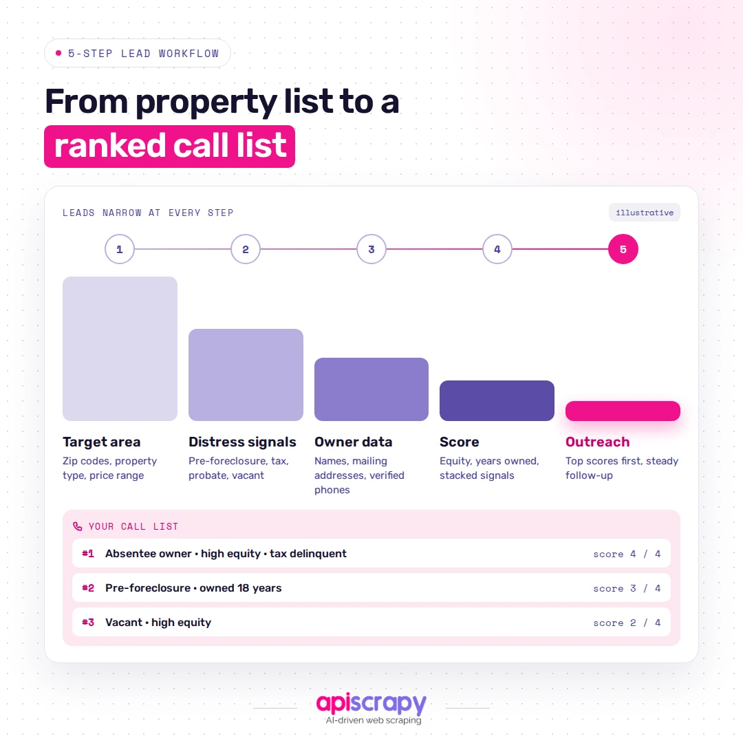 Five-Step Lead Workflow Narrowing A Property List To A Scored, Ranked Call List For Outreach.