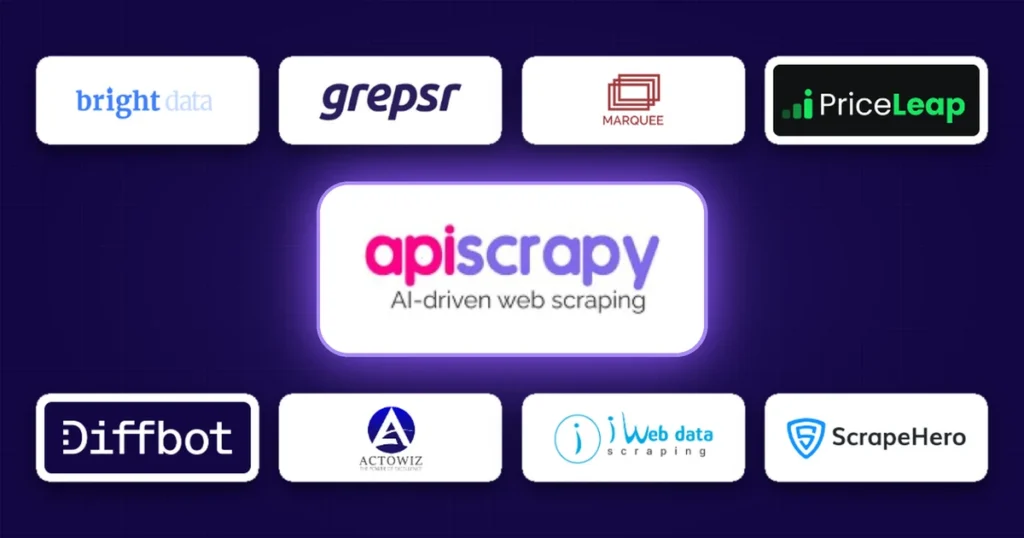 APIScrapy logo surrounded by eight competitor logos, including Bright Data, Grepsr, PriceLeap, and Diffbot.