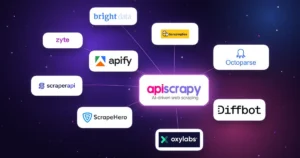 APIScrapy logo linked to nine competing web scraping service logos including Apify, Zyte, and Oxylabs.