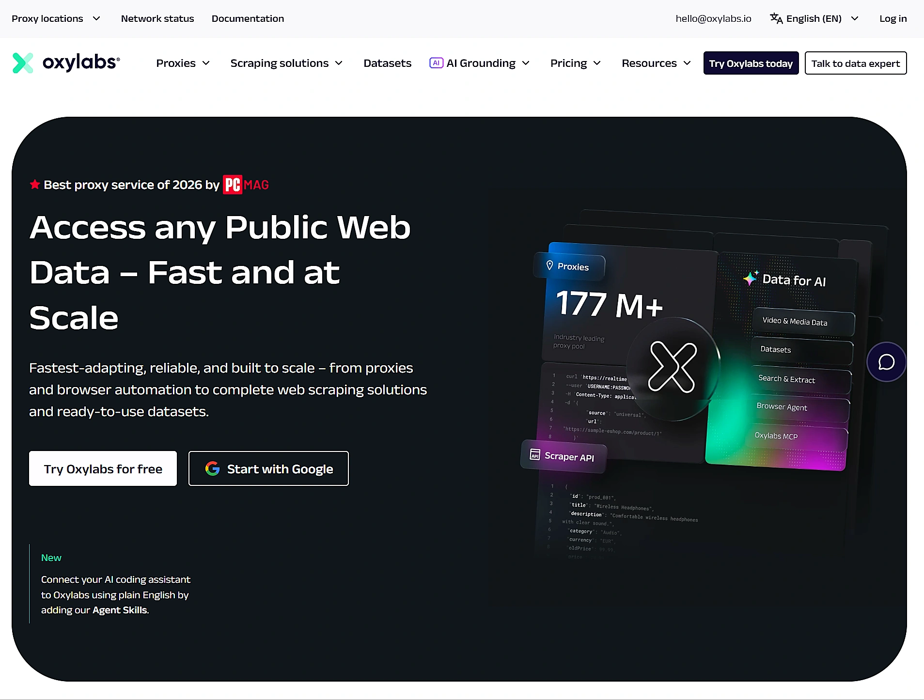 Oxylabs Homepage Headline About Accessing Public Web Data At Scale, With 177M+ Proxies.