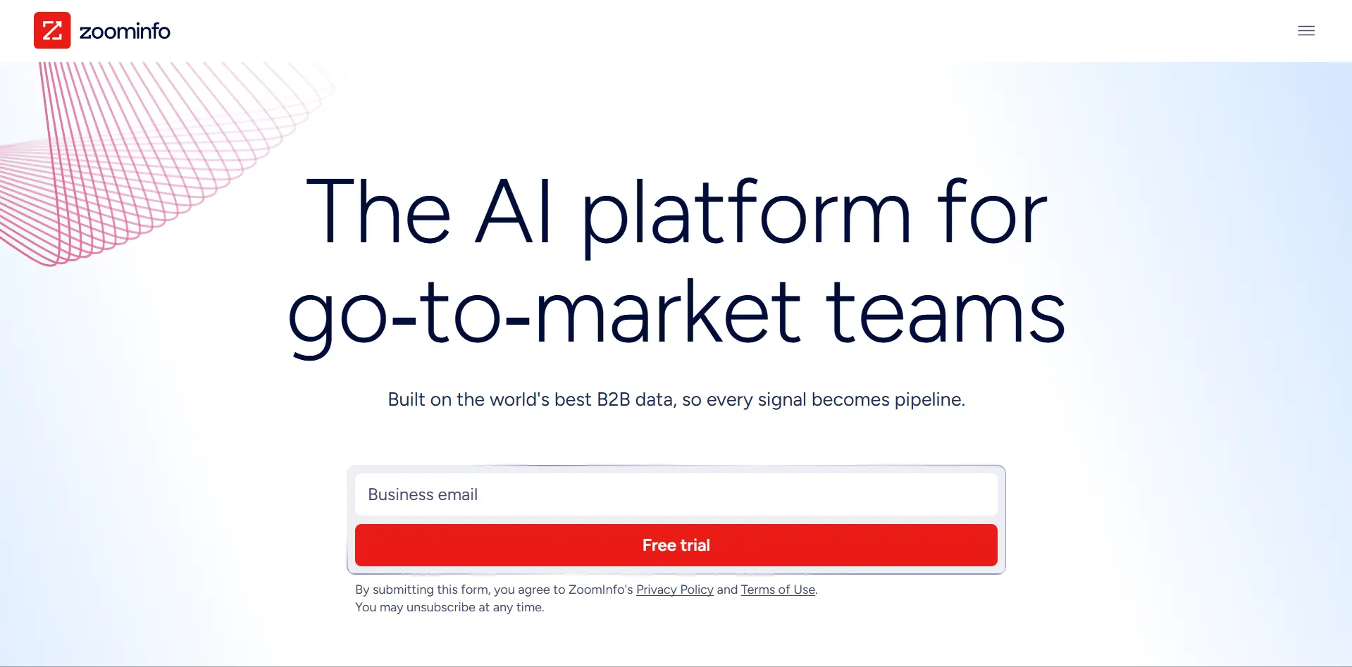 Zoominfo Go-To-Market Ai Platform Zoominfo Homepage Headline &Quot;The Ai Platform For Go-To-Market Teams&Quot; With A Business Email Field And Free Trial Button.
